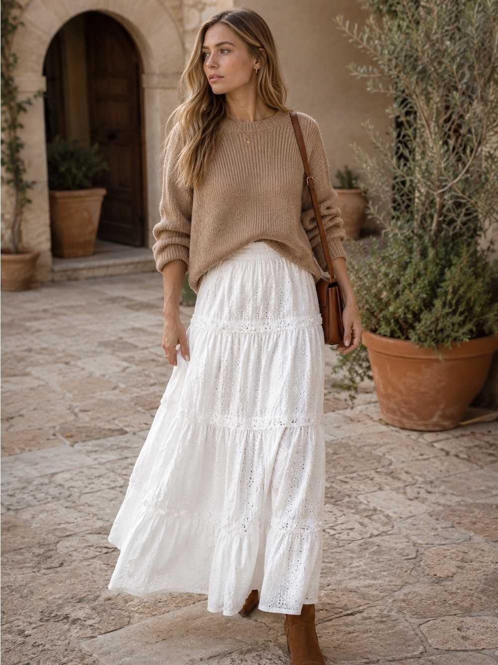 Tiered eyelet lace white maxi skirt boho gypsy